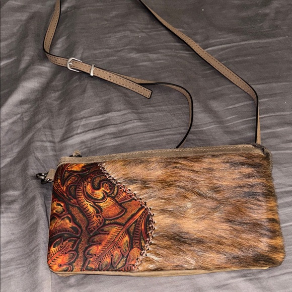 Handbags - Brown Haircalf Crossbody Bag with Embossed Leather Accent
